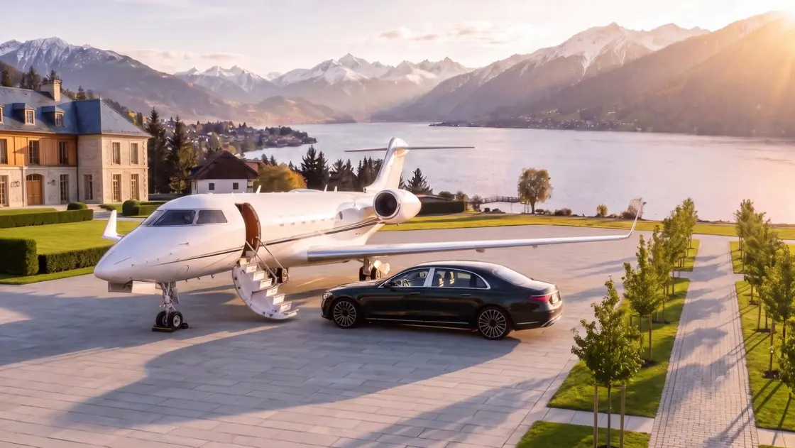 Privatjet mit ausgeklappter Treppe auf dem Gelände eines Anwesens, daneben eine schwarze Limousine, dahinter ein See und Berge