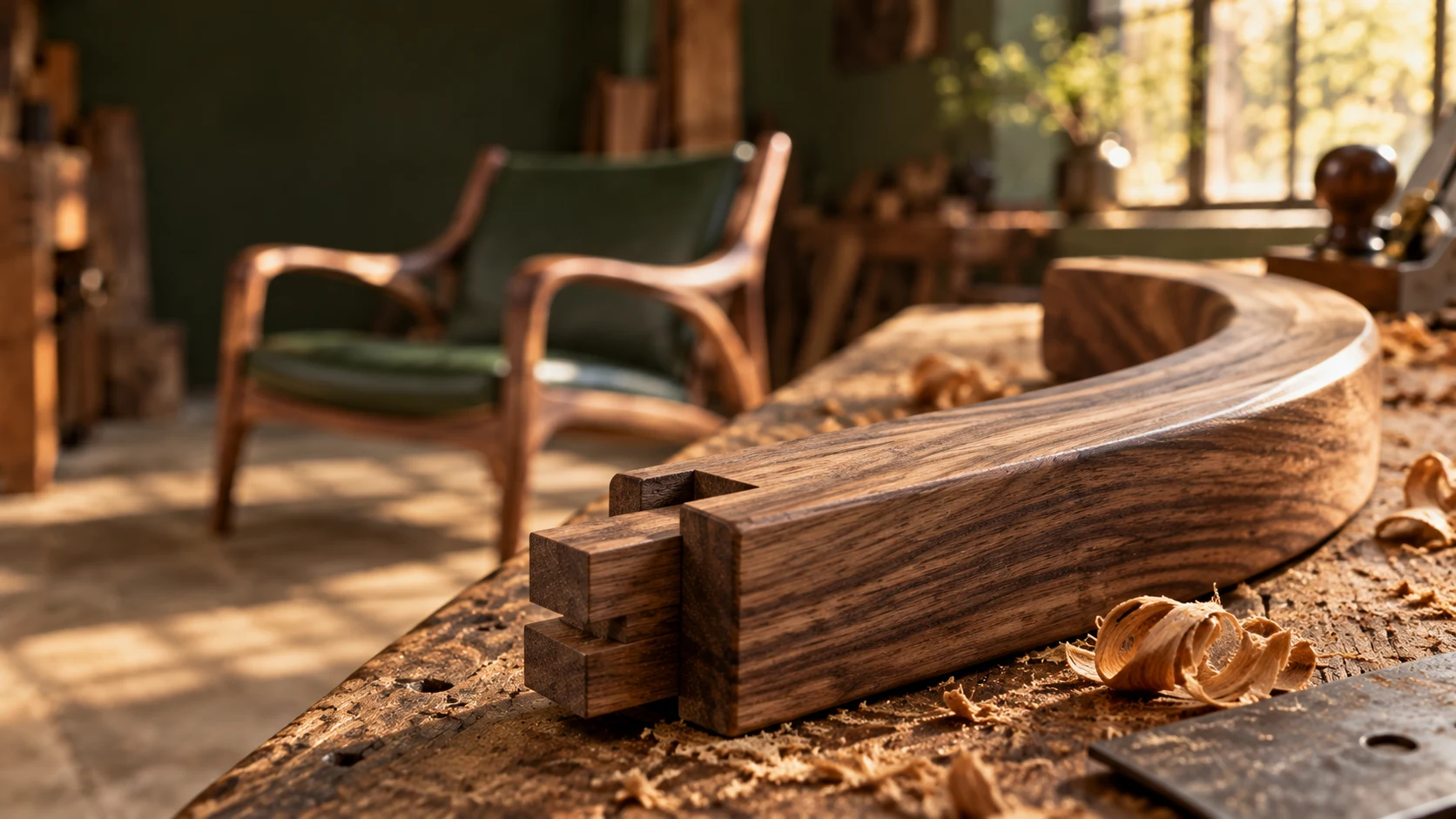 Werkbank mit einem geschwungenen Holzteil und Hobelspänen, im Hintergrund ein Sessel im Bau