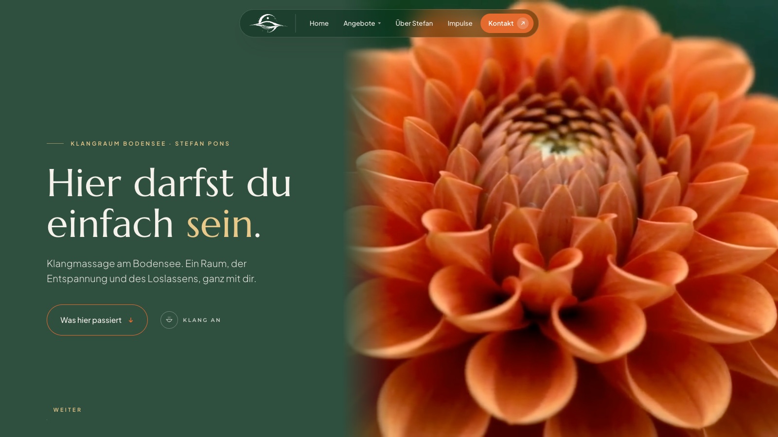 Startseite von Klangraum Bodensee mit einer orangefarbenen Dahlie auf dunkelgrünem Grund