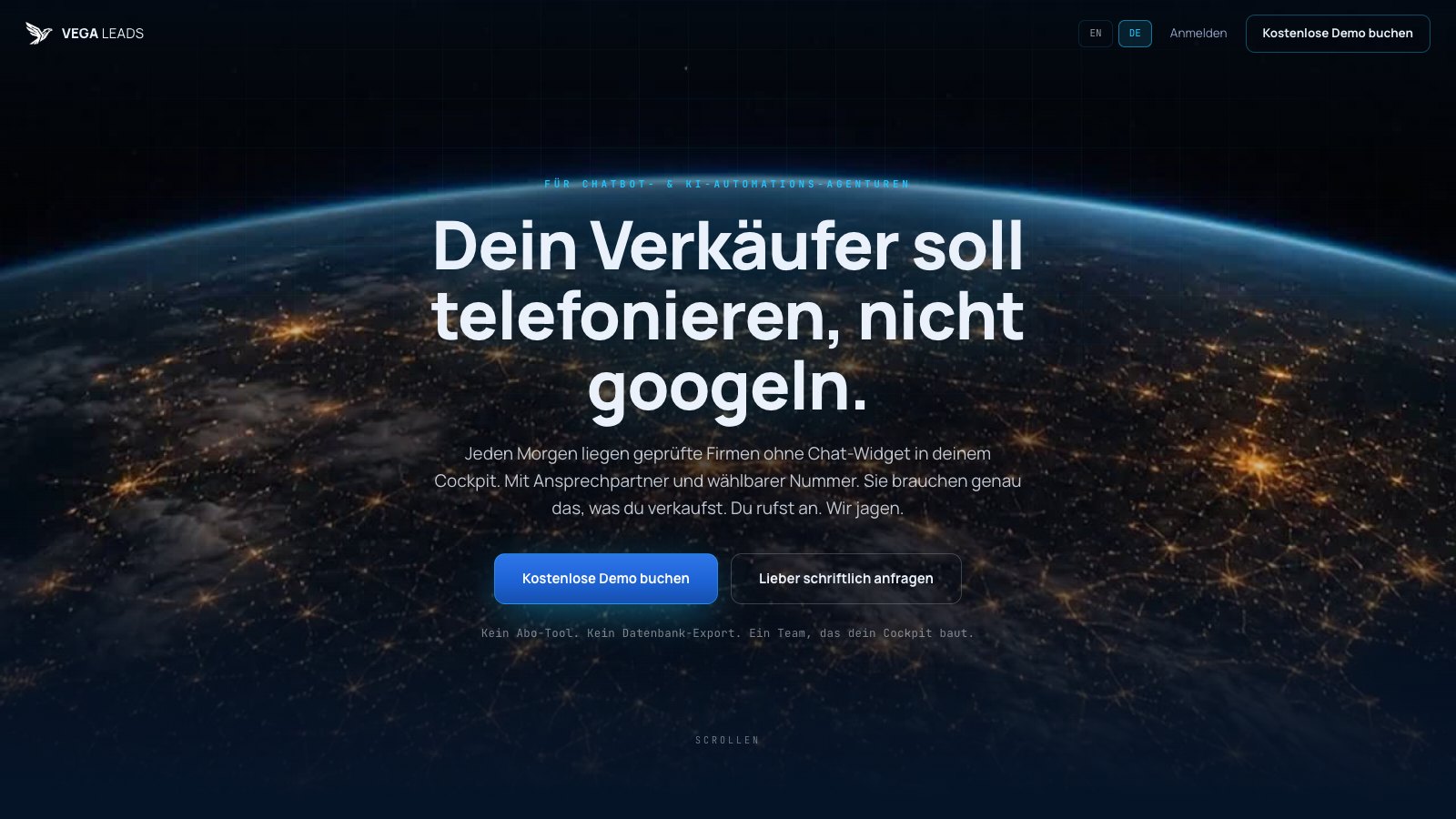 Startseite von Vega Leads mit der Erde bei Nacht aus dem All
