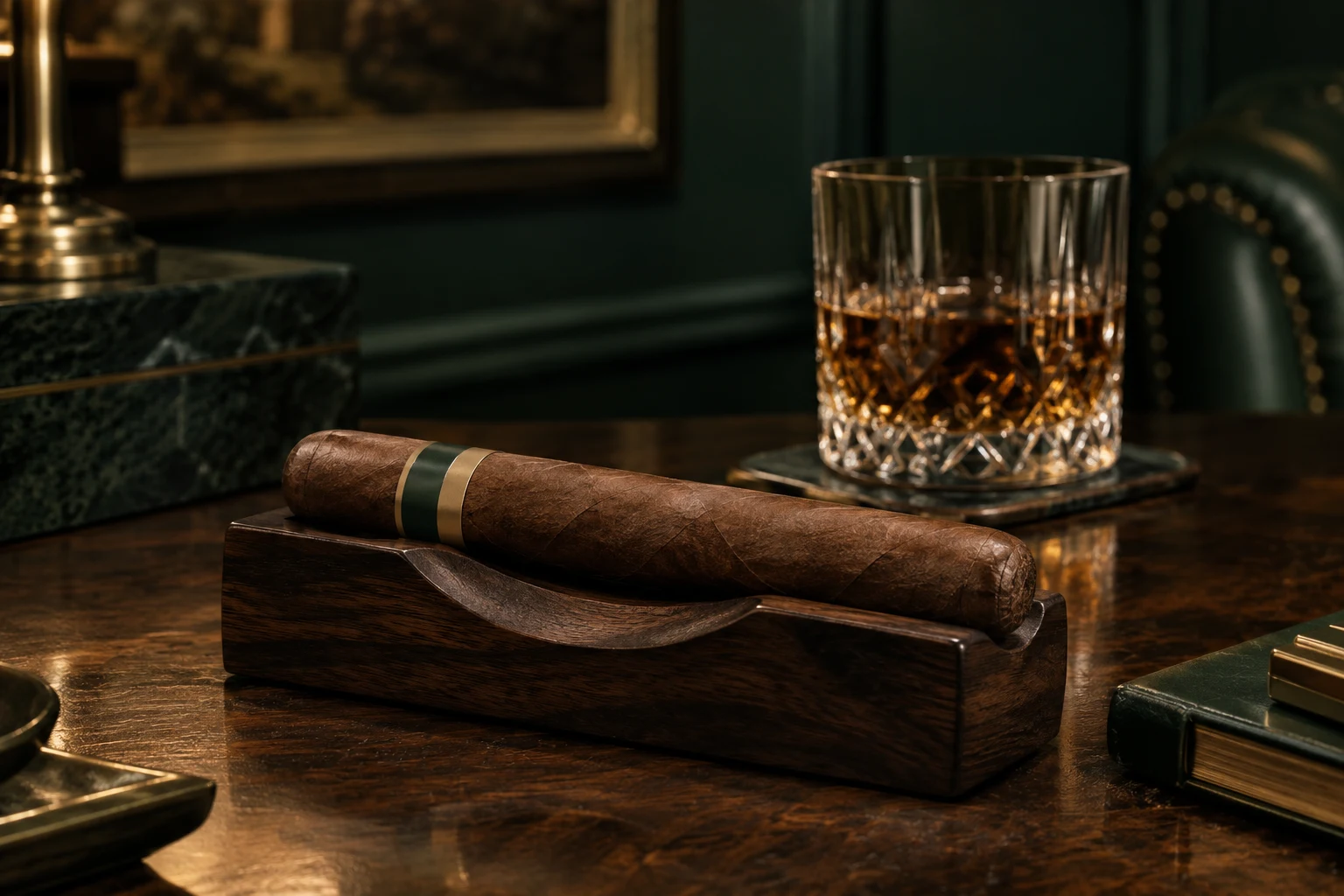 Zigarre auf einem Holzhalter, daneben ein Kristallglas mit Whisky