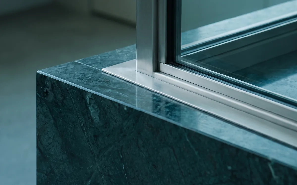 Ecke einer Glasvitrine mit Rahmen aus gebürstetem Stahl auf einem Sockel aus grünem Marmor