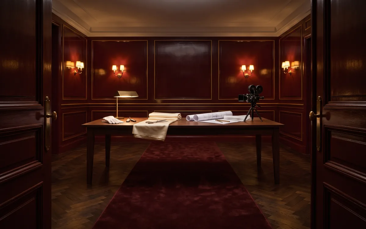 Salon mit dunkelroter Holzvertäfelung und Wandleuchten, auf dem Tisch Pläne, Stoffballen und weiße Handschuhe, daneben eine alte Filmkamera auf einem Stativ, davor ein roter Teppich zwischen geöffneten Flügeltüren