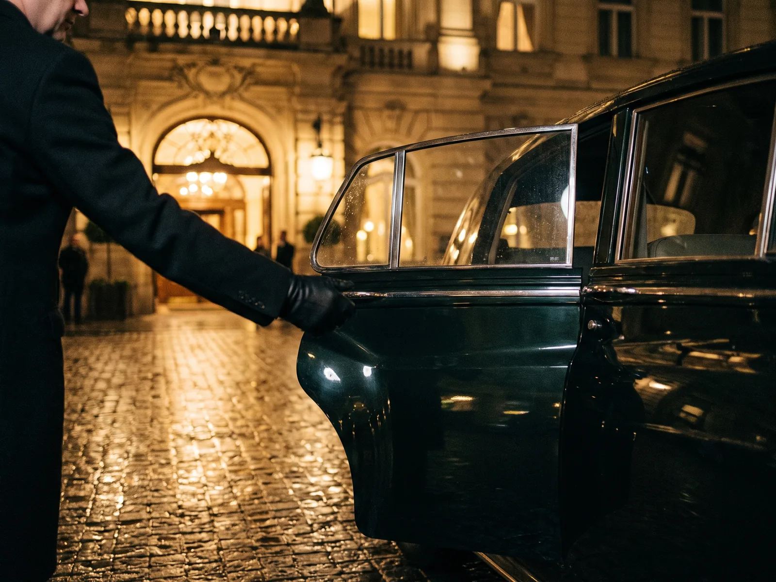Ein Chauffeur in schwarzen Handschuhen hält nachts die Tür einer dunkelgrünen Limousine auf, dahinter der beleuchtete Eingang eines Grandhotels und nasses Kopfsteinpflaster