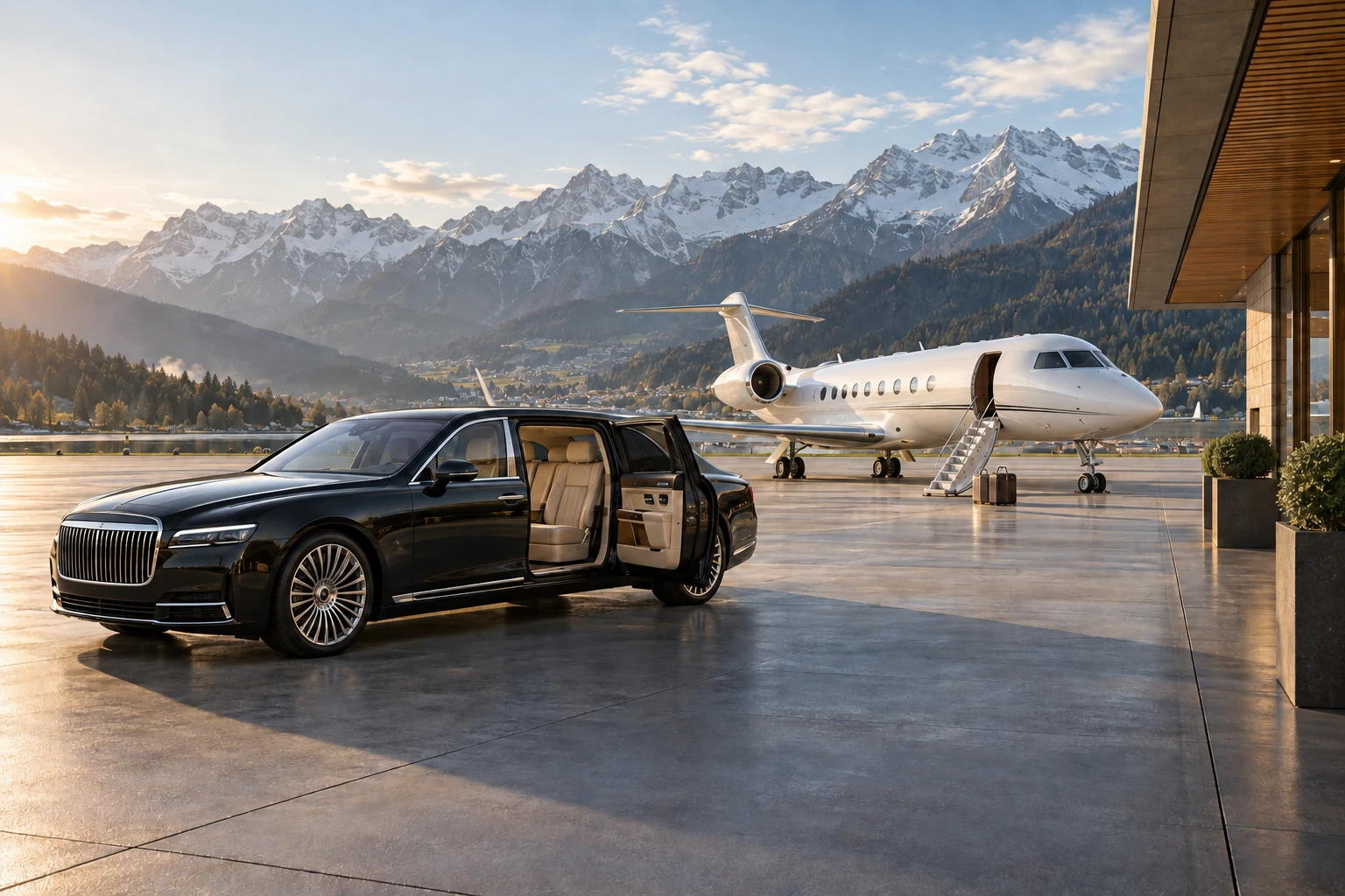 Schwarze Limousine mit geöffneter Tür vor einem Privatjet, im Hintergrund Berge
