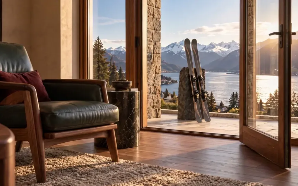 Wohnraum eines Chalets mit Ledersessel und Holzboden, durch die offene Glastür Ski an einem Steinblock auf der Terrasse, dahinter See und Berge