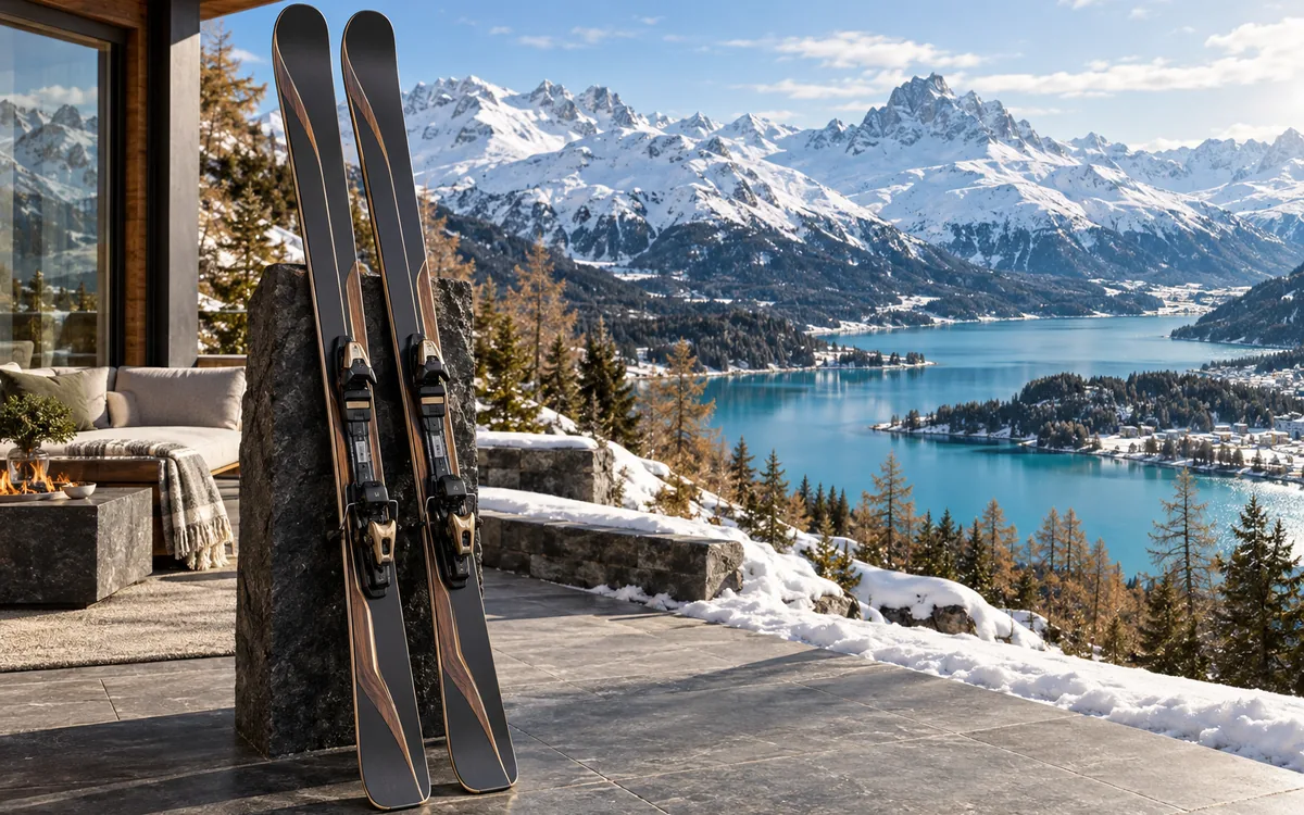 Zwei Ski mit dunklem Belag lehnen an einem Steinblock auf einer verschneiten Terrasse, dahinter ein türkisfarbener Bergsee und schneebedeckte Gipfel
