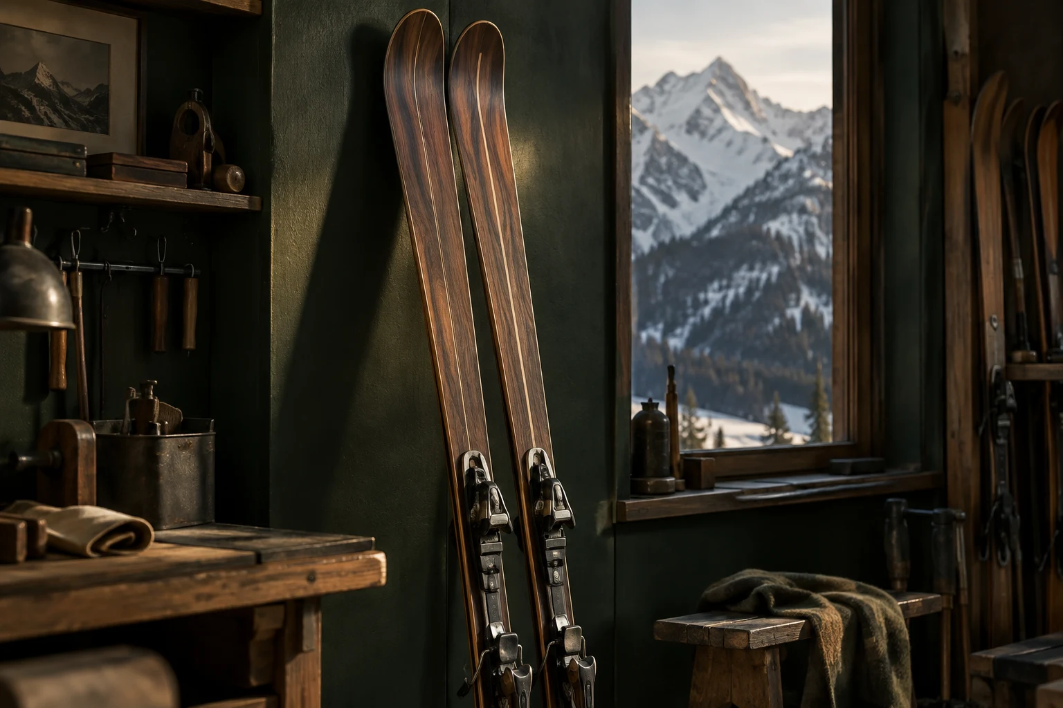 Zwei Ski aus Holz mit dunklem Belag lehnen an der dunkelgrünen Wand einer Werkstatt, daneben Werkzeug und eine Werkbank, durch das Fenster schneebedeckte Berge
