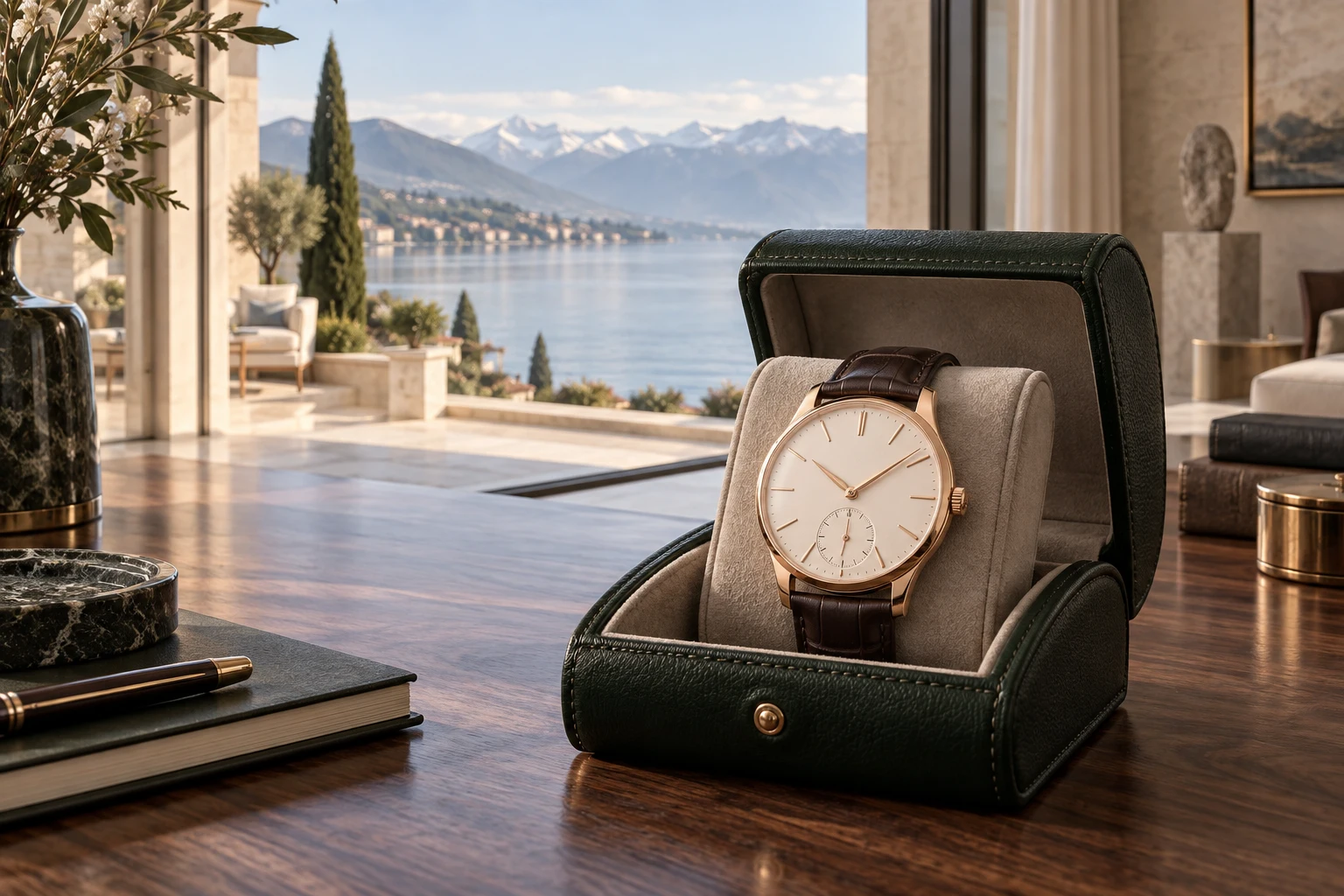 Armbanduhr in einer offenen grünen Lederschatulle auf einem Holztisch, im Hintergrund ein Bergsee