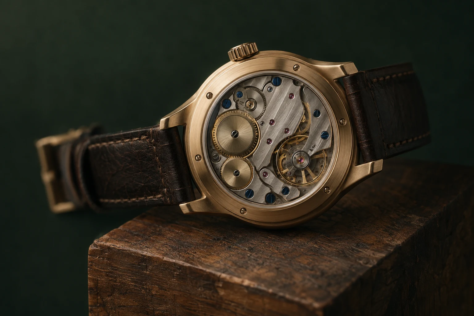 Armbanduhr mit Glasboden, durch den man das Uhrwerk sieht, goldfarbenes Gehäuse und braunes Lederarmband auf einem Holzblock