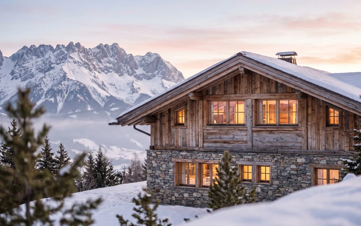 Chalet aus Holz und Naturstein im Schnee, die Fenster warm erleuchtet, dahinter schneebedeckte Berge in der Abendsonne