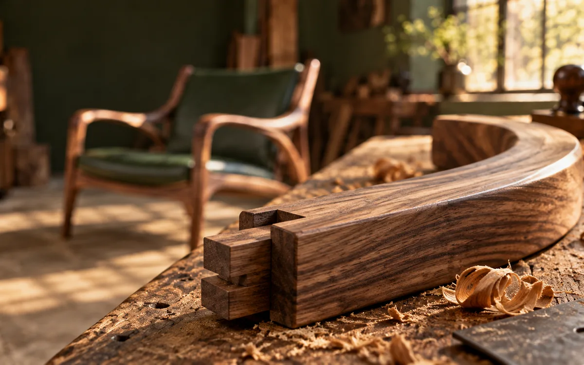 Werkbank mit einem geschwungenen Holzteil und Hobelspänen, im Hintergrund ein Sessel im Bau